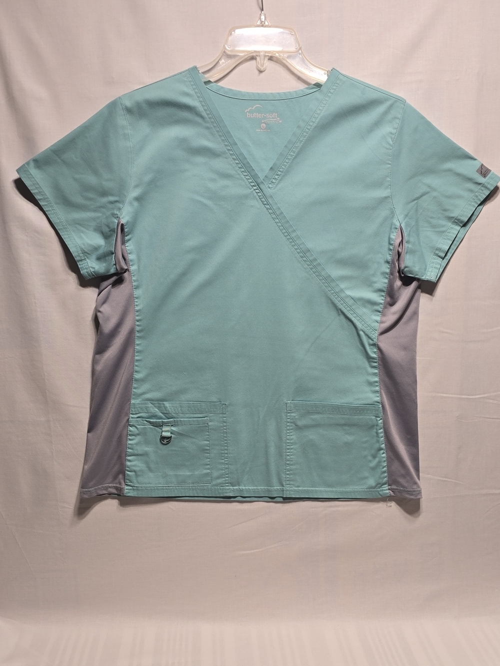 Butter Soft Mint Aqua Mock Wrap Scrub Top with Stretch Gray Side Panels